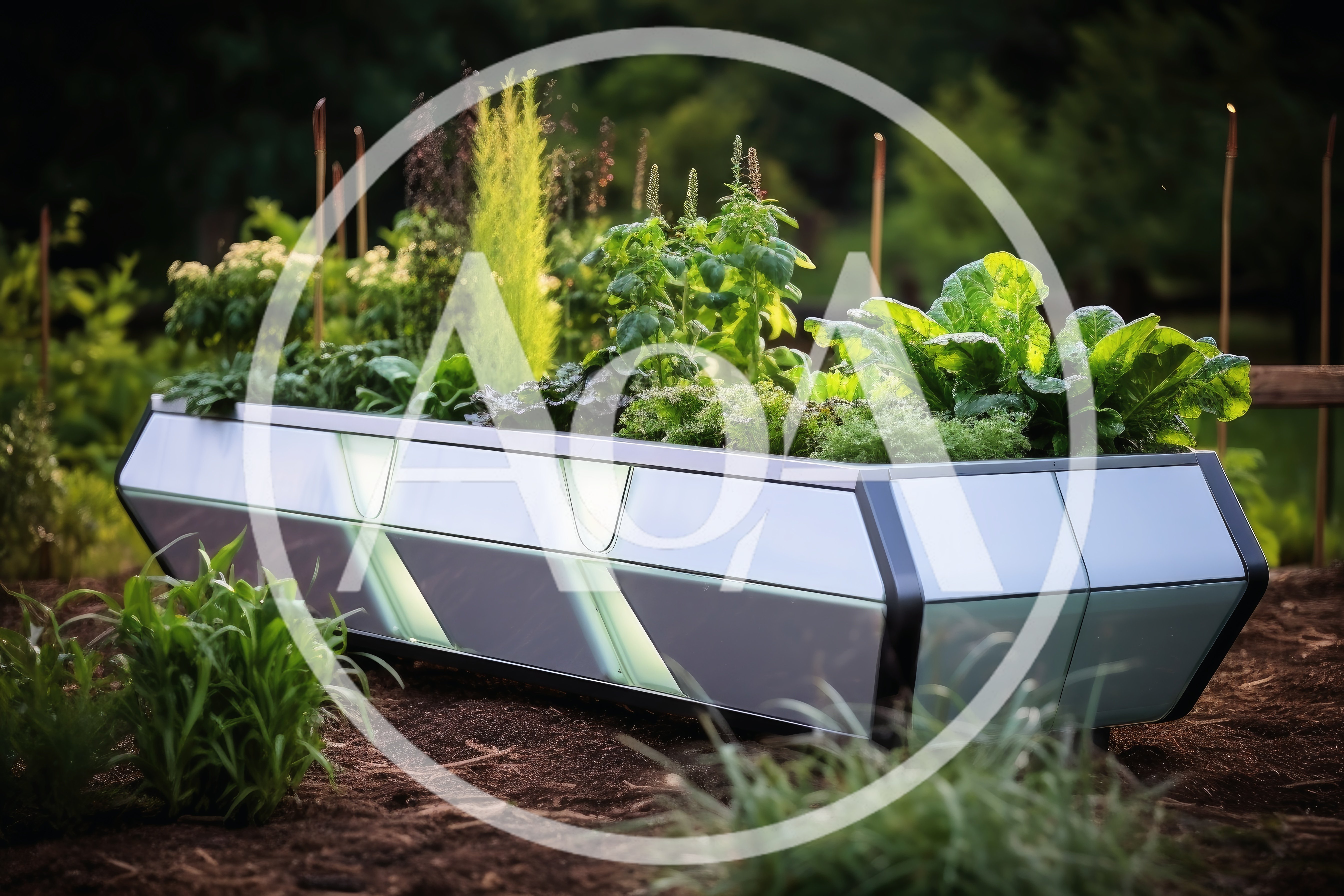 Modern Futuristic Planter Box In A Garden Setting