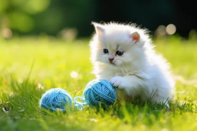 Fluffy White Kitten Playing With Blue Yarn Balls
