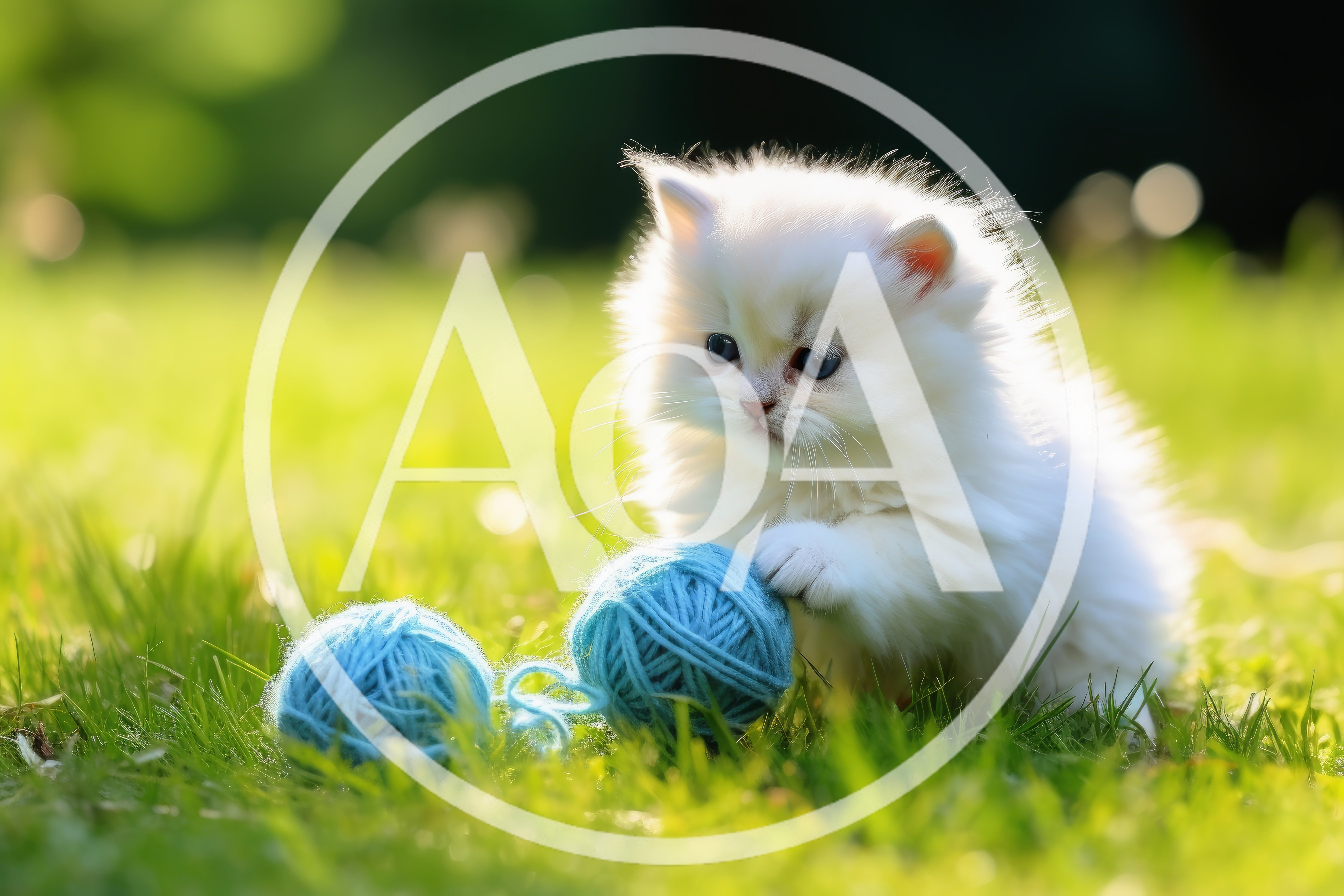 Fluffy White Kitten Playing With Blue Yarn Balls