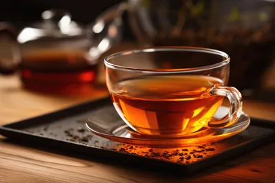 Glass Cup Of Hot Tea On A Serving Tray