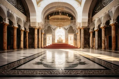 Grand Mosque Interior With Ornate Chandelier And Marble Floors