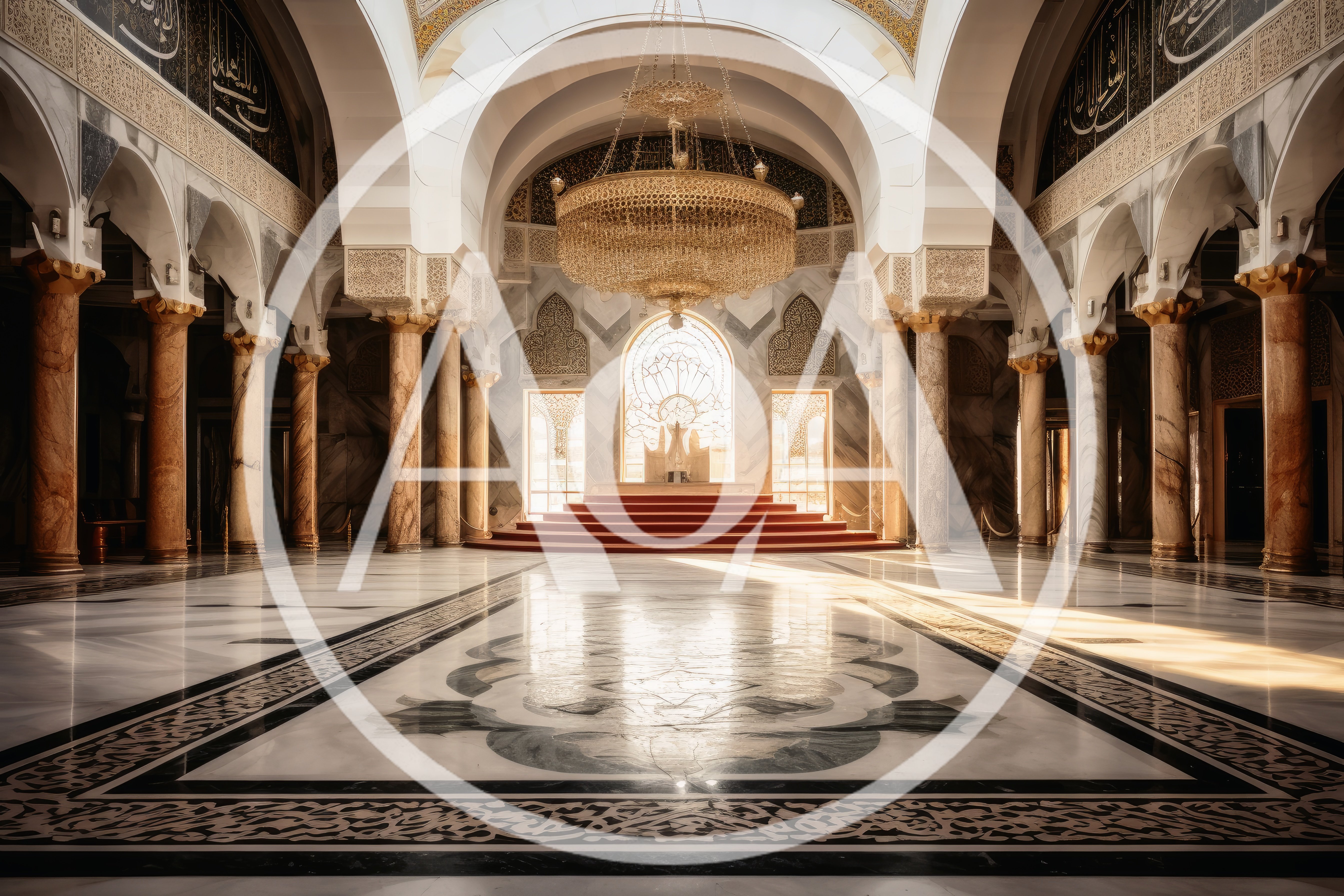 Grand Mosque Interior With Ornate Chandelier And Marble Floors