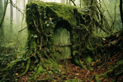 Moss Covered Wooden Door Embedded In Ancient Forest Tree