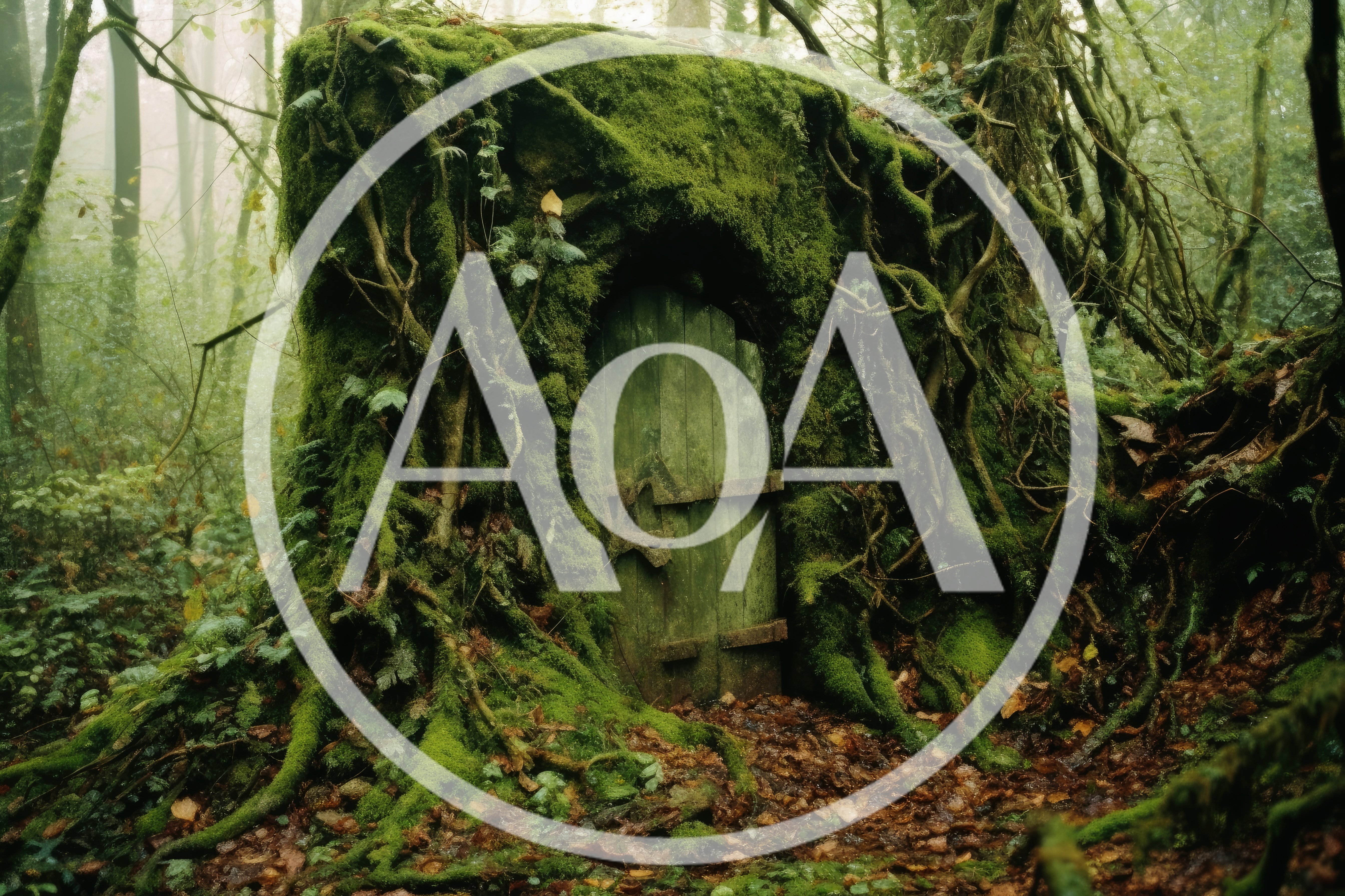 Moss Covered Wooden Door Embedded In Ancient Forest Tree