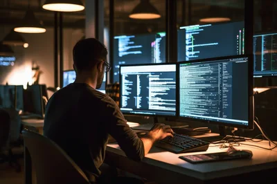 Software Developer Working Late At Night In Office
