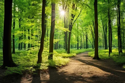 Sunlight Filtering Through A Lush Green Forest Path