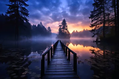 Wooden Pier Extending Into A Misty Lake At Sunrise
