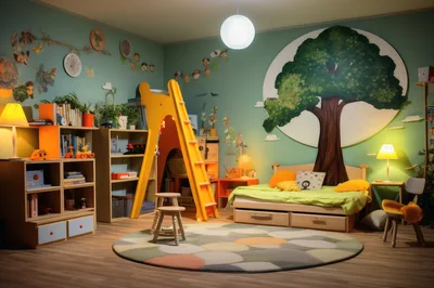Cozy Children Bedroom With Tree Mural And Slide