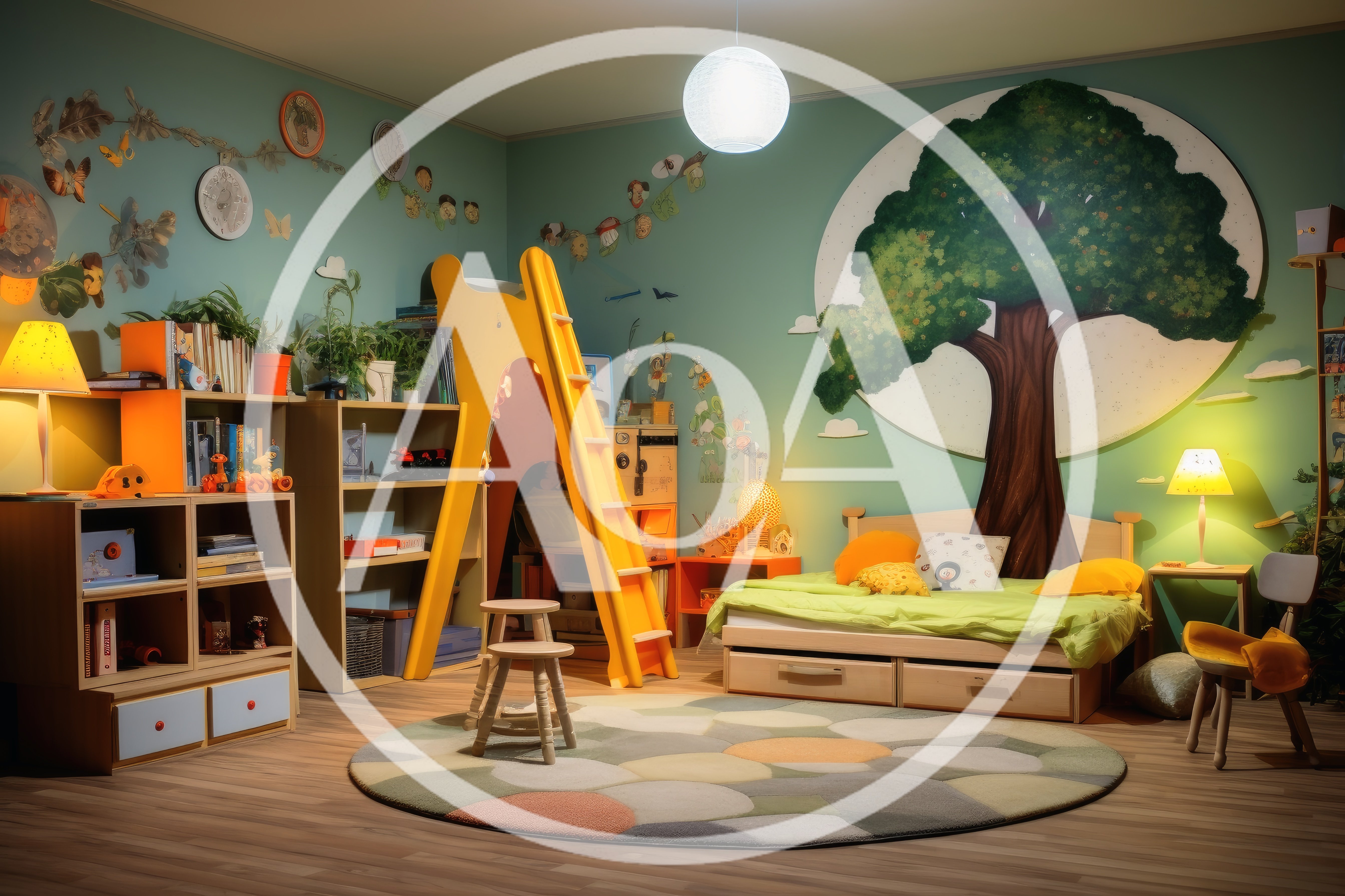 Cozy Children Bedroom With Tree Mural And Slide