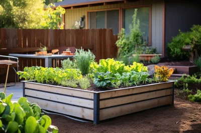 Raised Wooden Garden Bed In A Backyard Setting