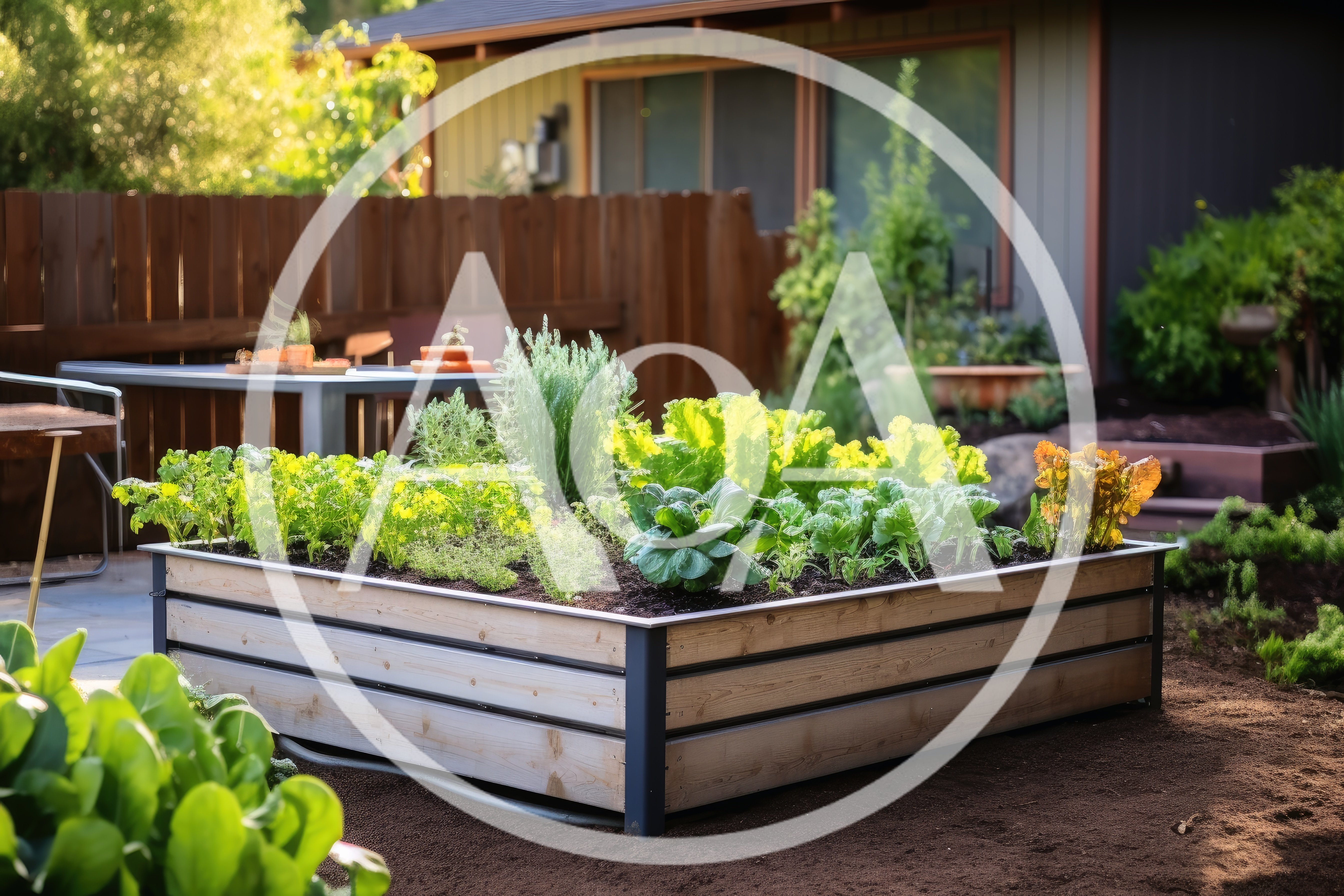 Raised Wooden Garden Bed In A Backyard Setting