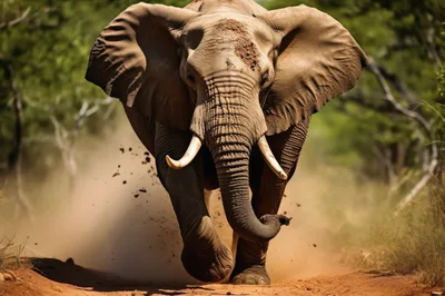 African Elephant Charging Through Dusty Savannah