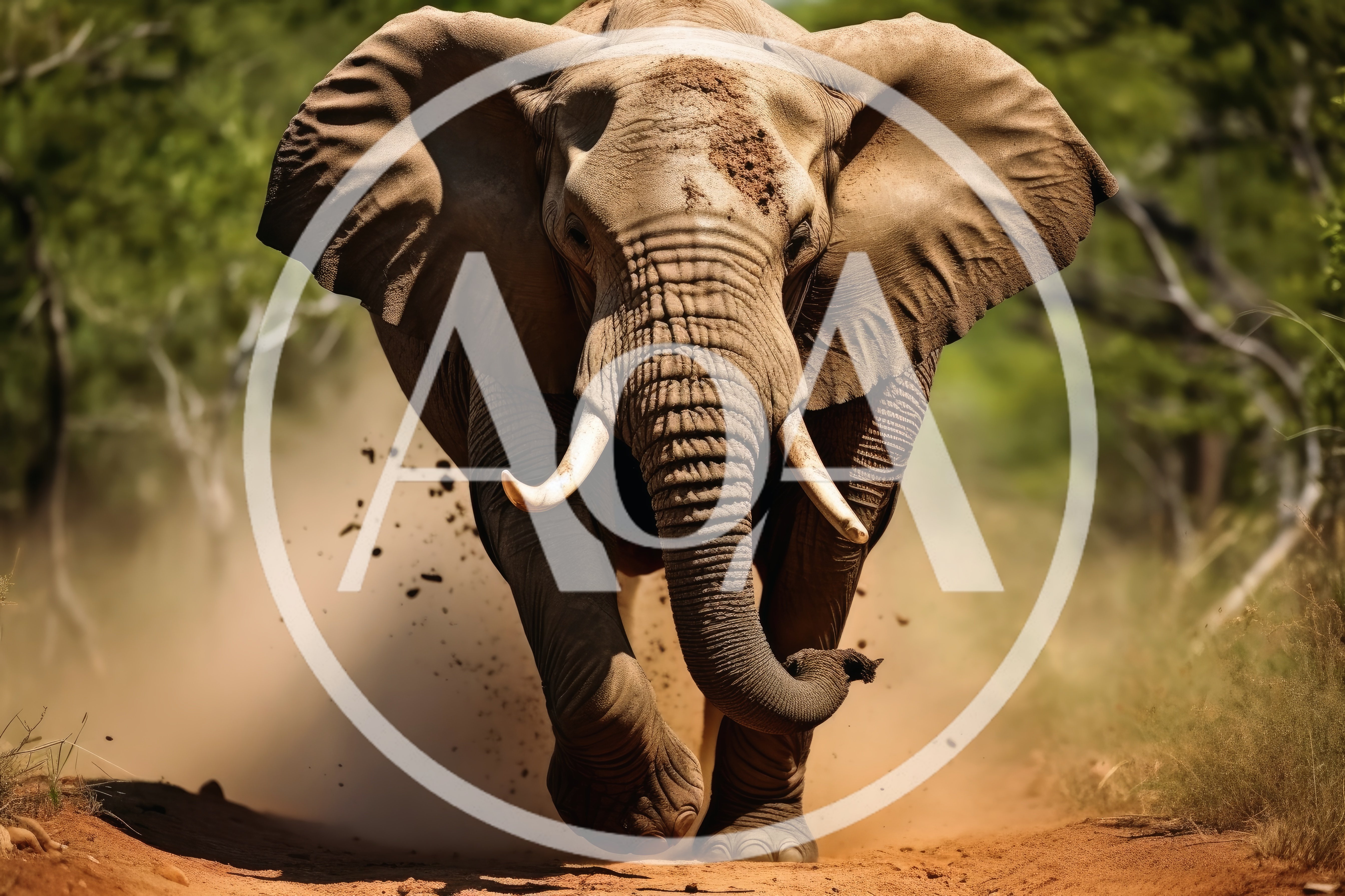 African Elephant Charging Through Dusty Savannah