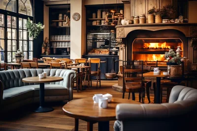 Cozy Cafe Interior With Warm Fireplace And Seating