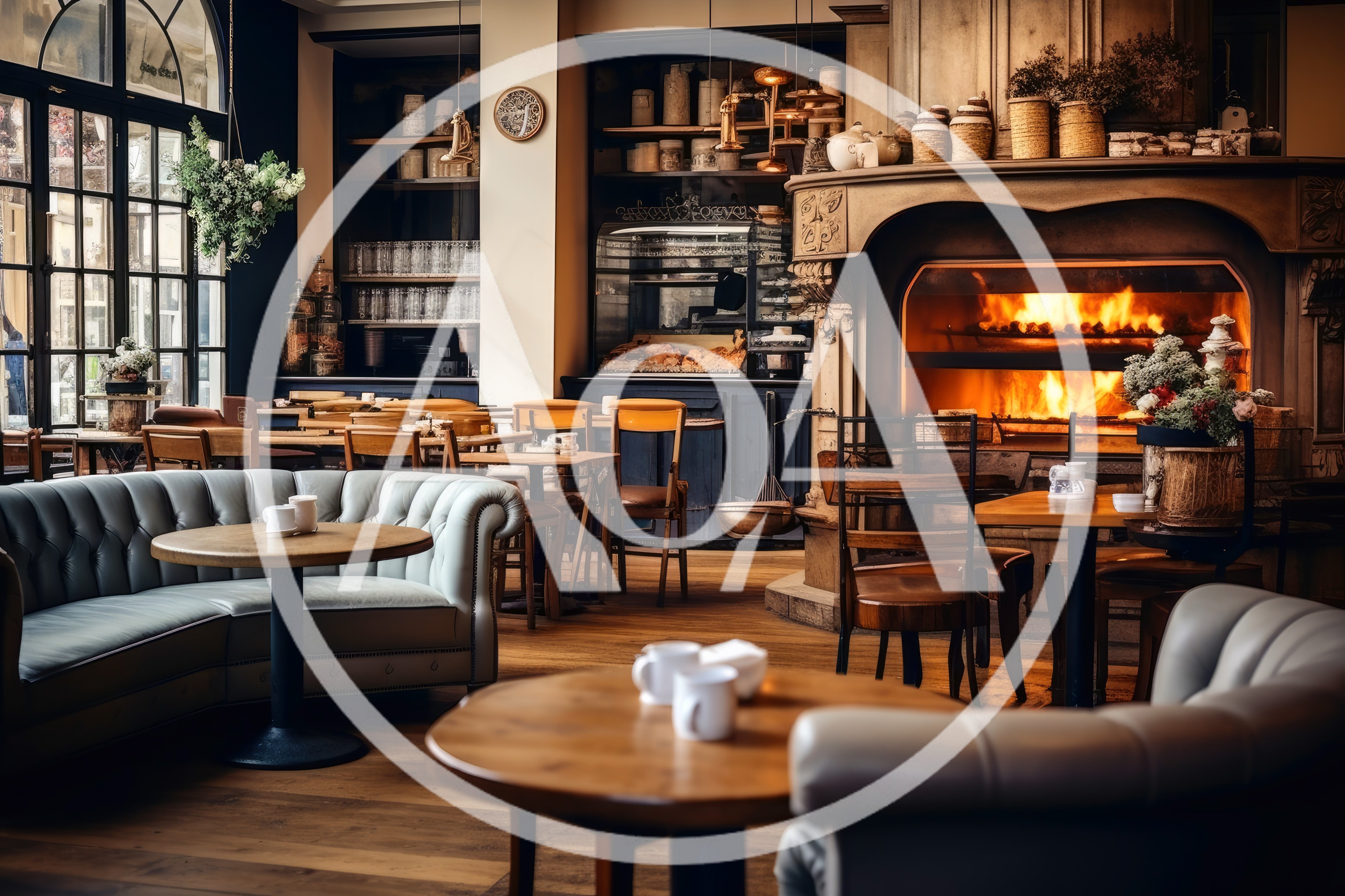Cozy Cafe Interior With Warm Fireplace And Seating