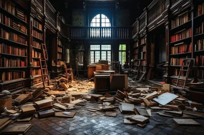 Abandoned Library Interior With Scattered Books And Debris