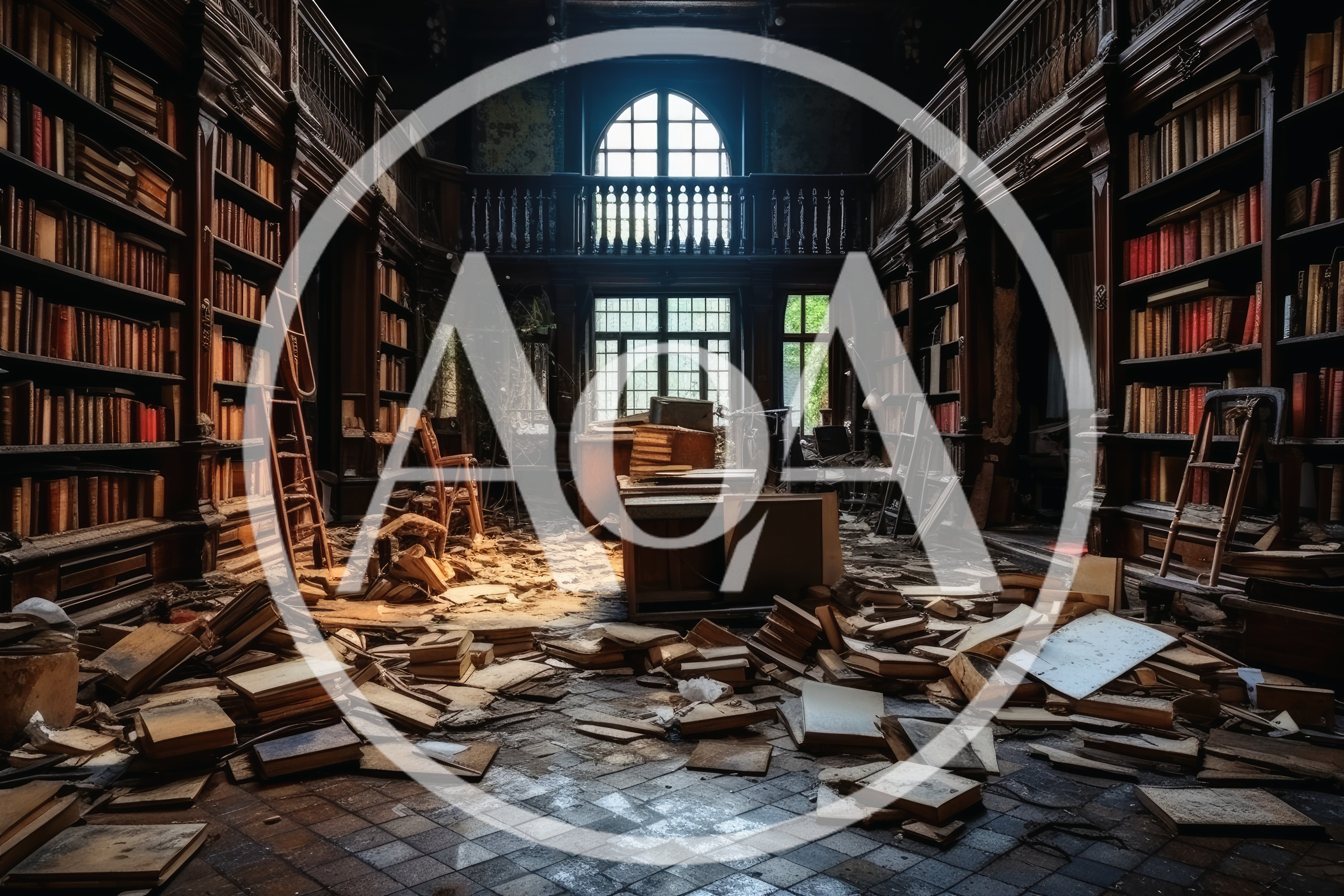 Abandoned Library Interior With Scattered Books And Debris
