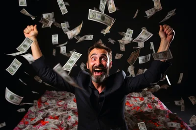 Excited Businessman Celebrating Success With Falling Money