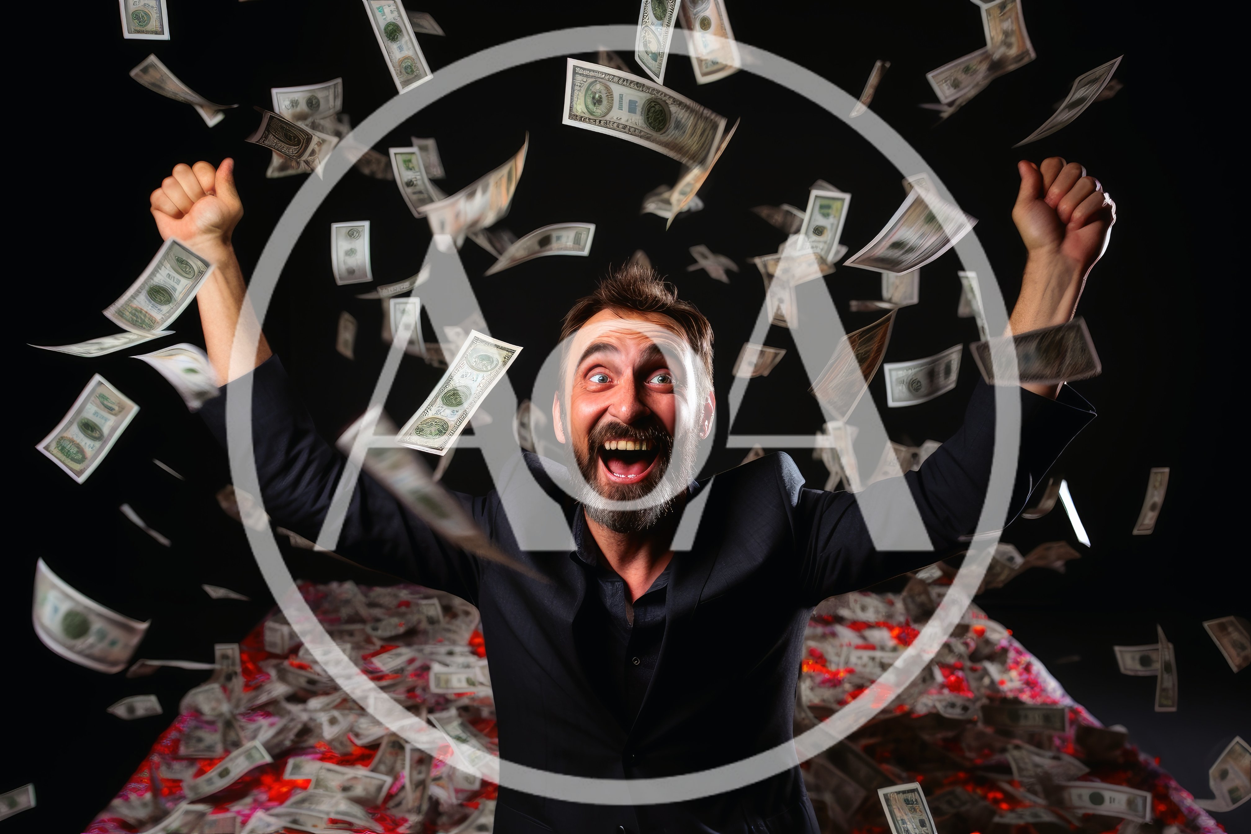 Excited Businessman Celebrating Success With Falling Money