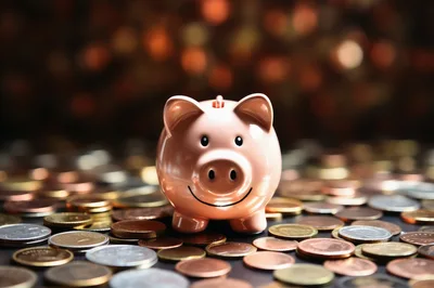 Pink Piggy Bank Surrounded By Scattered Coins