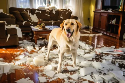 Golden Retriever Standing Amidst Messy Living Room