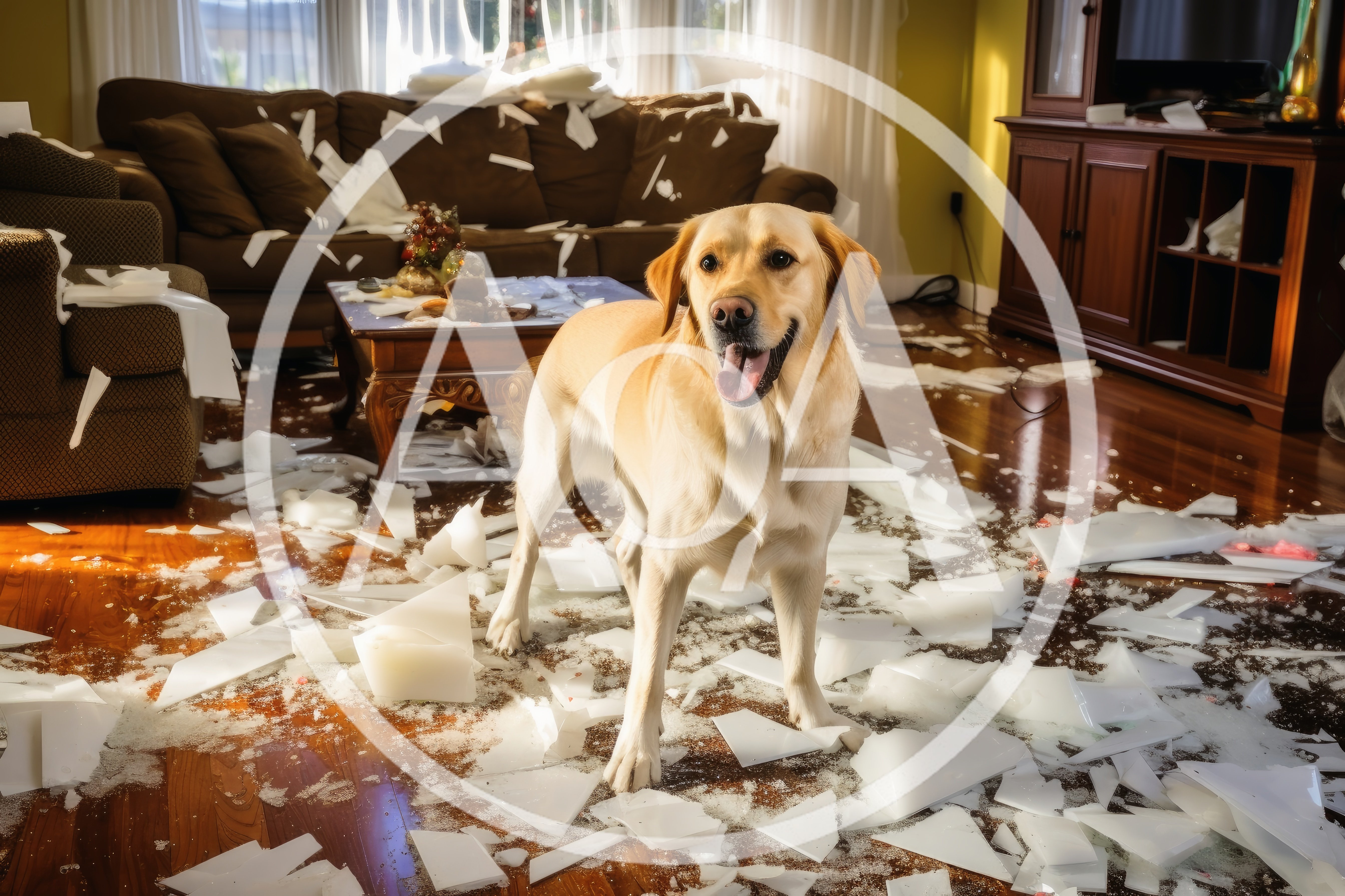 Golden Retriever Standing Amidst Messy Living Room