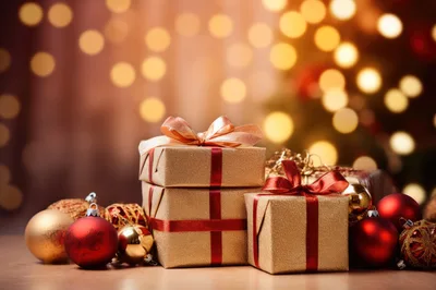 Golden Christmas Gift Boxes With Red Ribbons