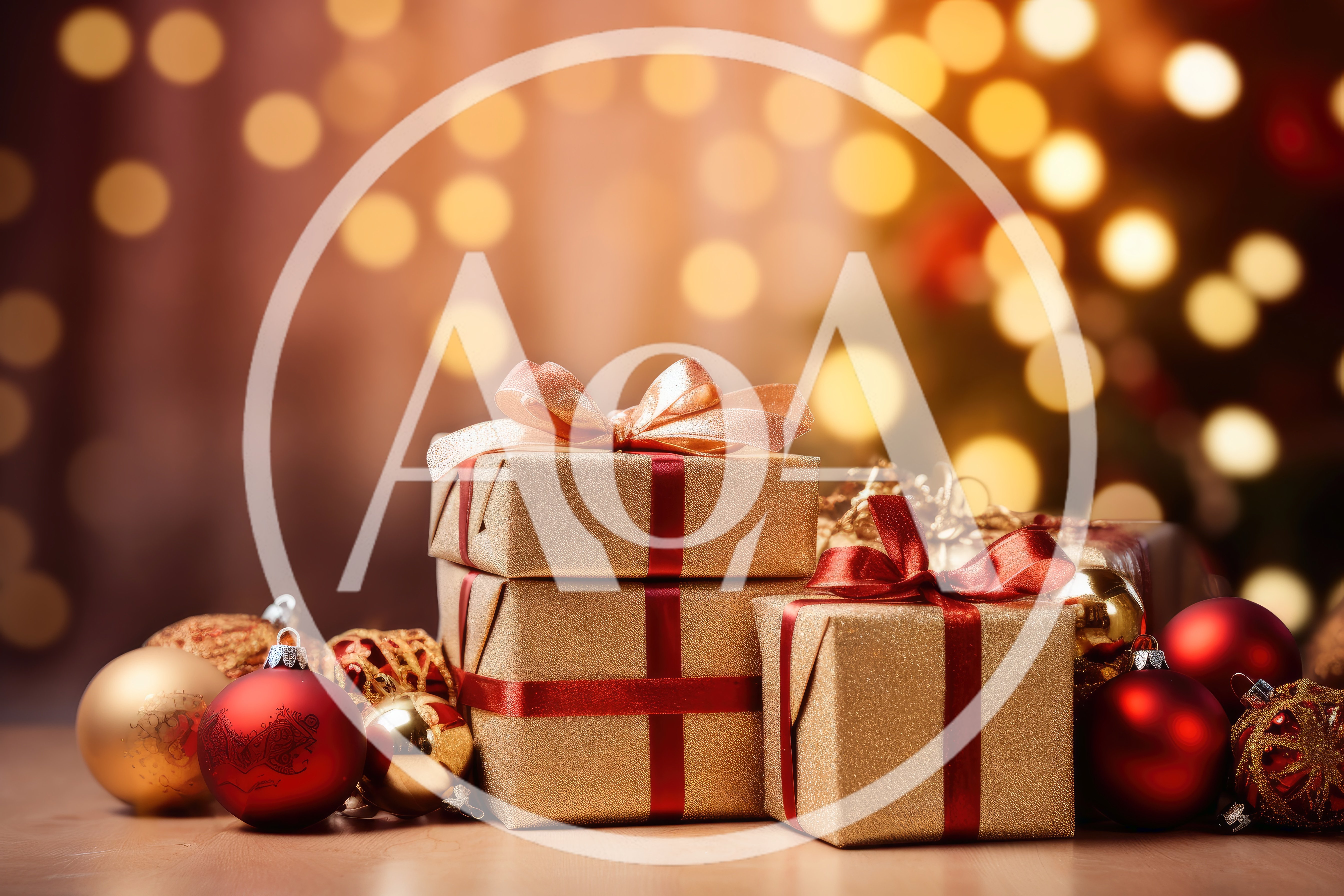 Golden Christmas Gift Boxes With Red Ribbons