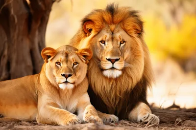 Majestic Lion and Lioness Resting Together