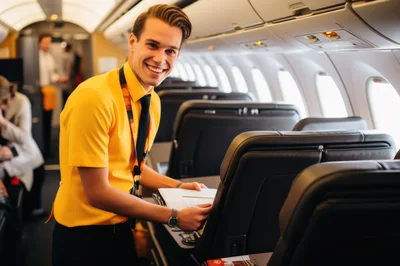 Friendly Flight Attendant Working In Airplane Cabin