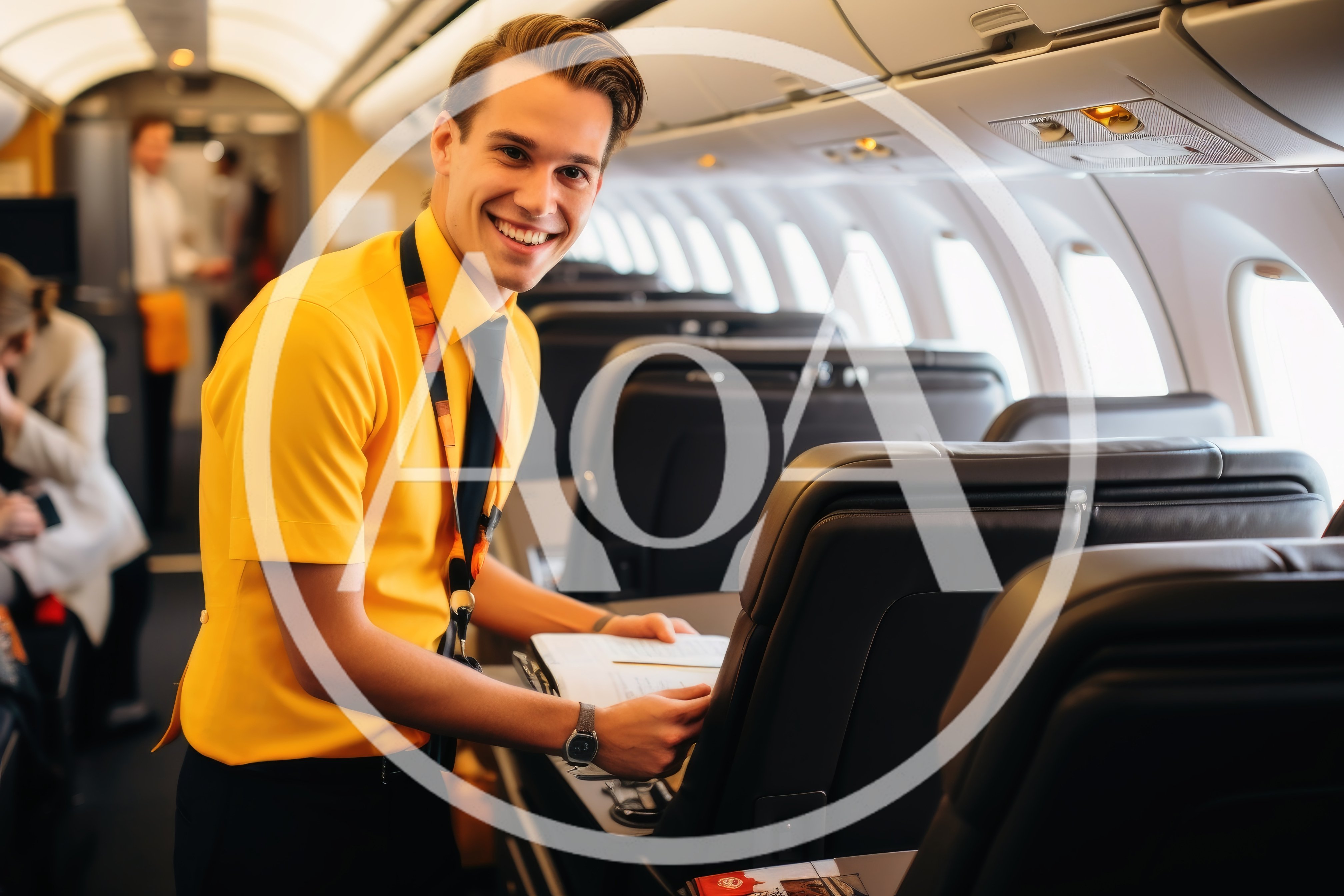 Friendly Flight Attendant Working In Airplane Cabin