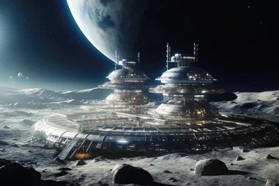 Futuristic Lunar Base With Twin Towers On Moon Surface