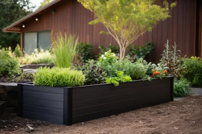 Modern Black Raised Garden Bed In Backyard