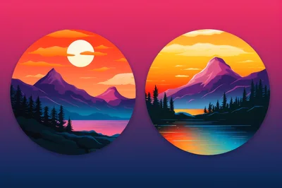 Two Circular Mountain Landscape Illustrations At Sunset