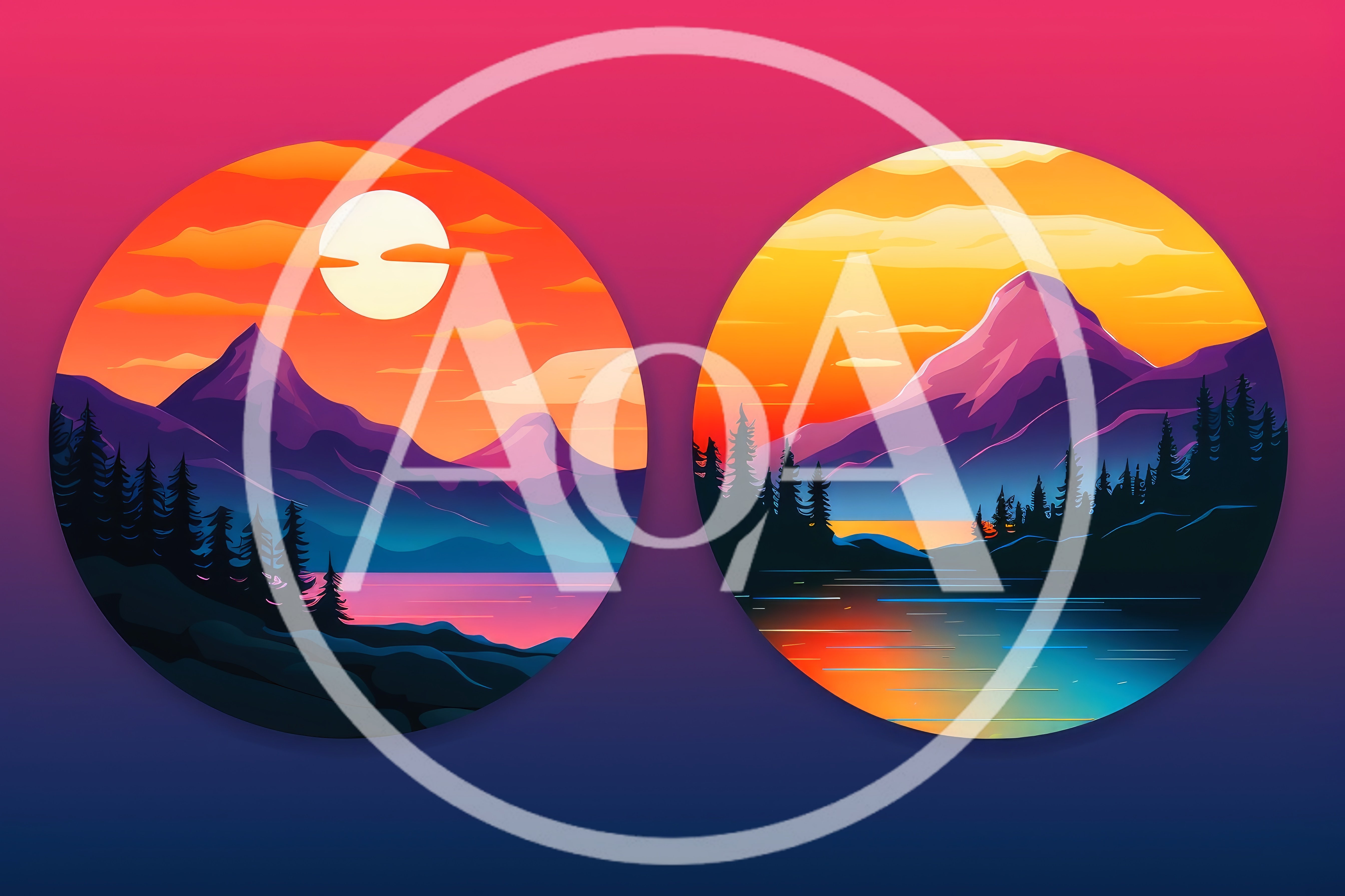 Two Circular Mountain Landscape Illustrations At Sunset