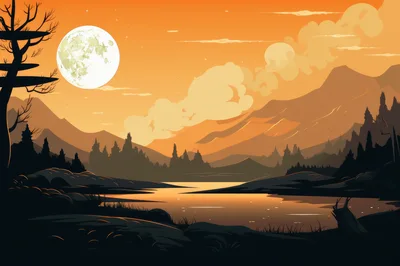 Serene Mountain Landscape With Full Moon At Sunset