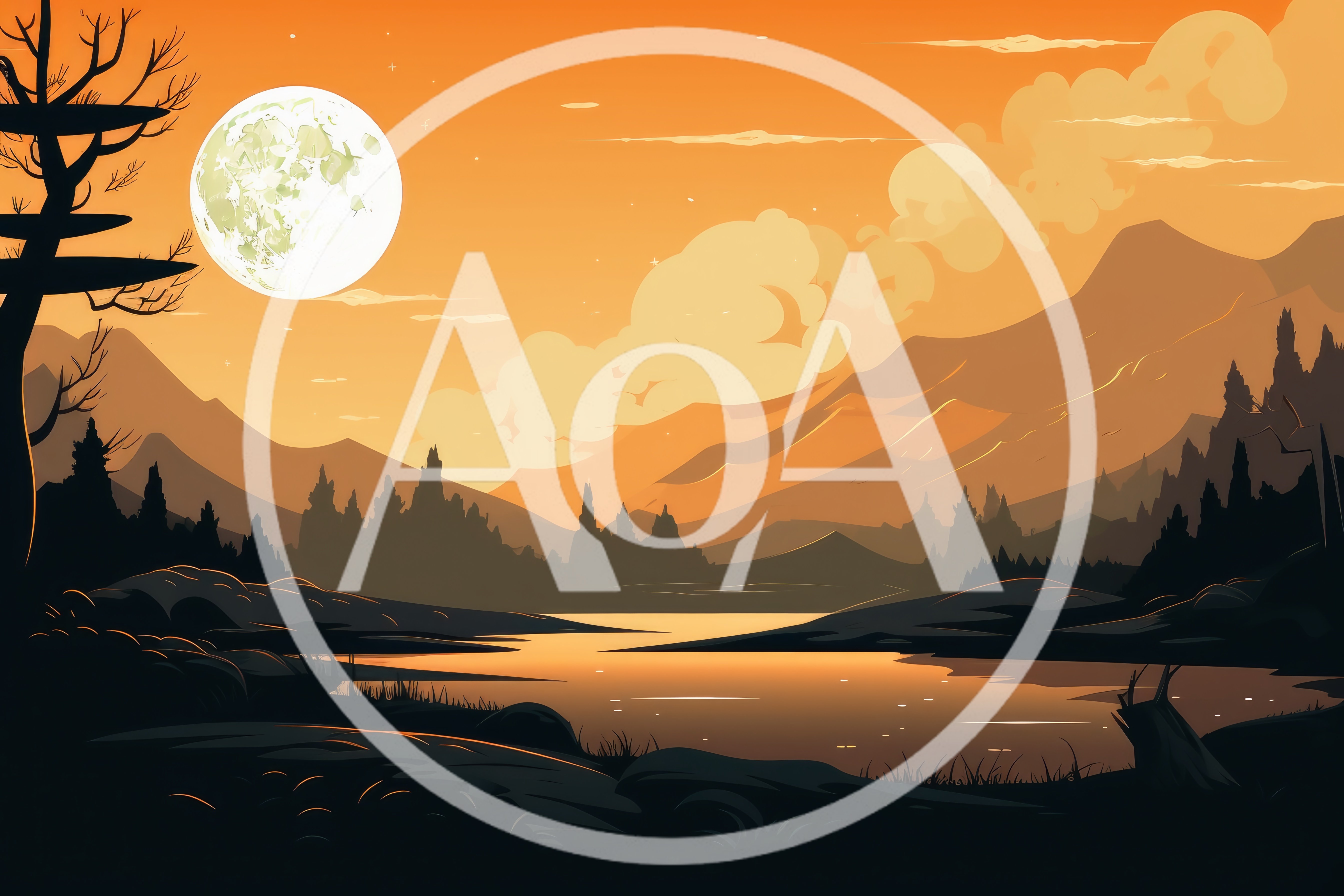 Serene Mountain Landscape With Full Moon At Sunset