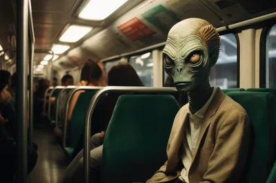 Alien Passenger Sitting On A Public Commuter Train