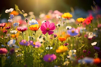Vibrant Cosmos Flowers Blooming in a Sunny Meadow