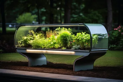 Modern Futuristic Glass Planter Box In A Garden