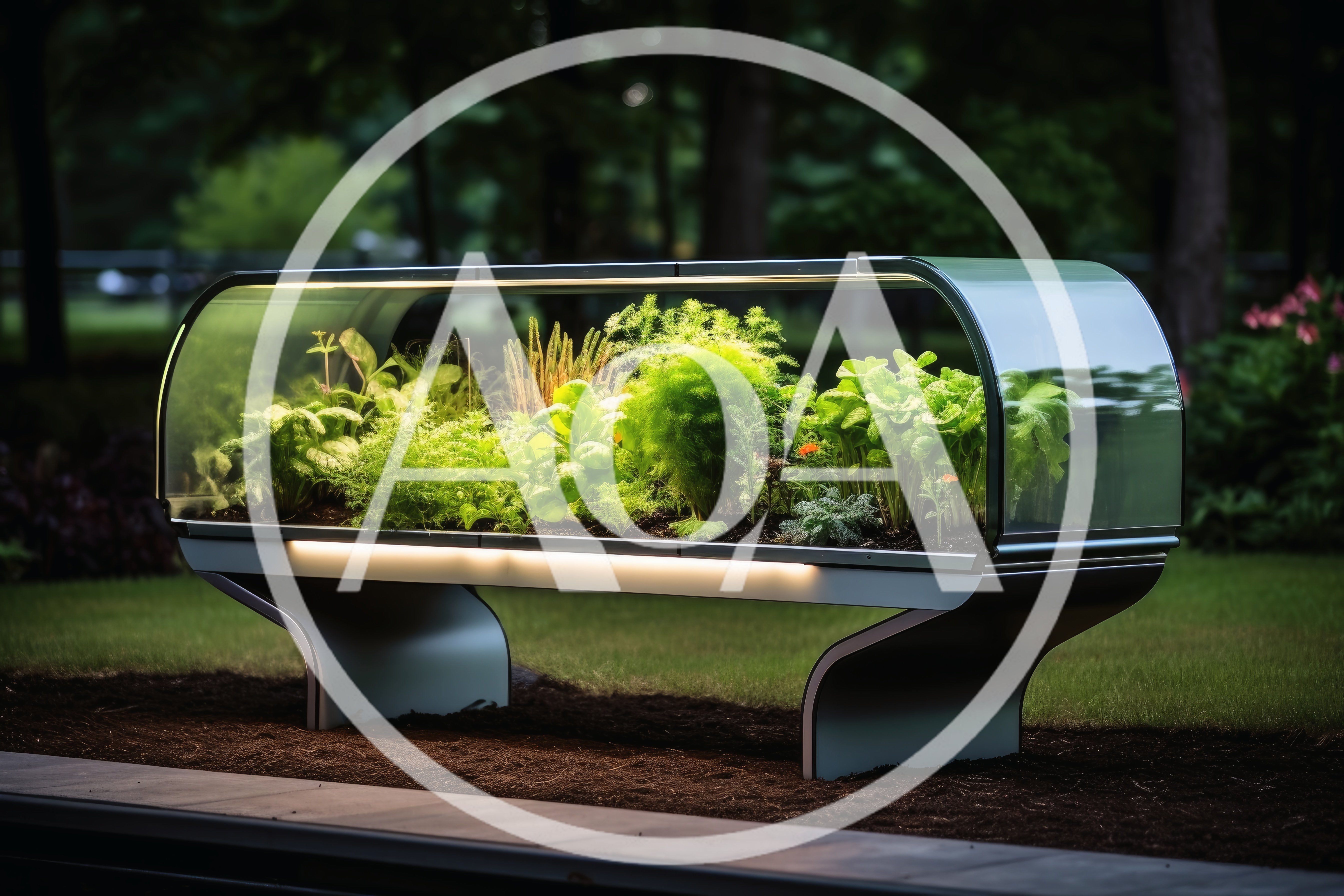 Modern Futuristic Glass Planter Box In A Garden