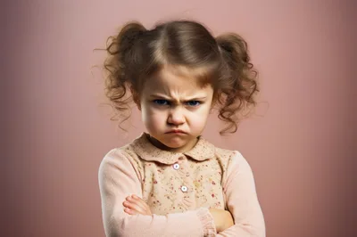 Angry Little Girl With Pigtails Crossing Her Arms