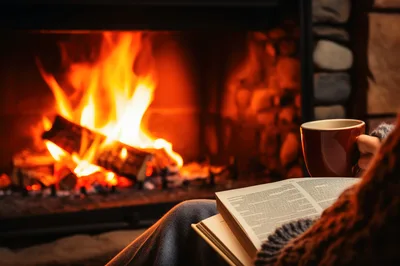 Person Reading Book By A Cozy Fireplace
