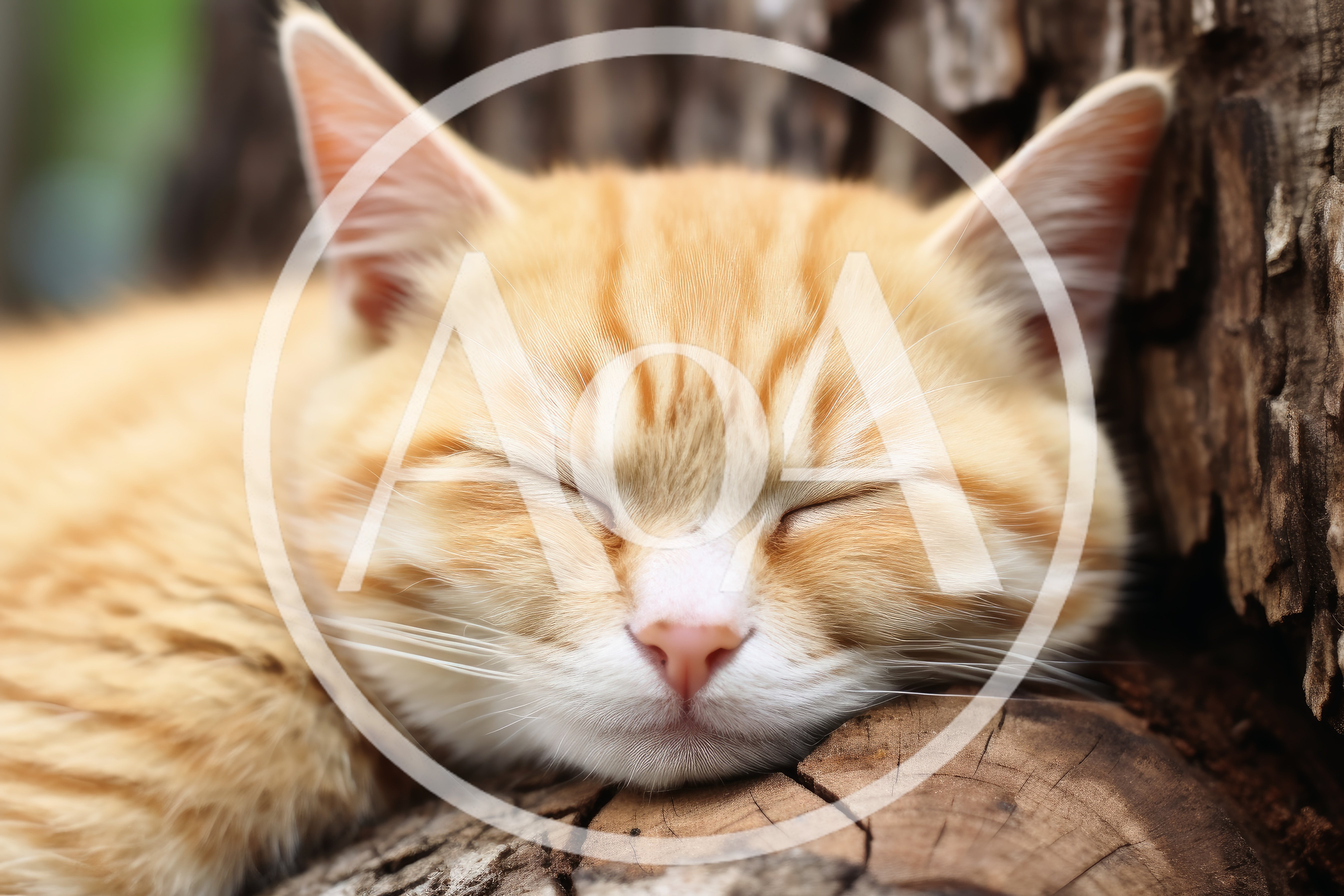 Sleeping Ginger Tabby Cat Resting On A Tree Trunk