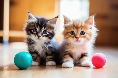 Two Fluffy Maine Coon Kittens Sitting With Toy Balls