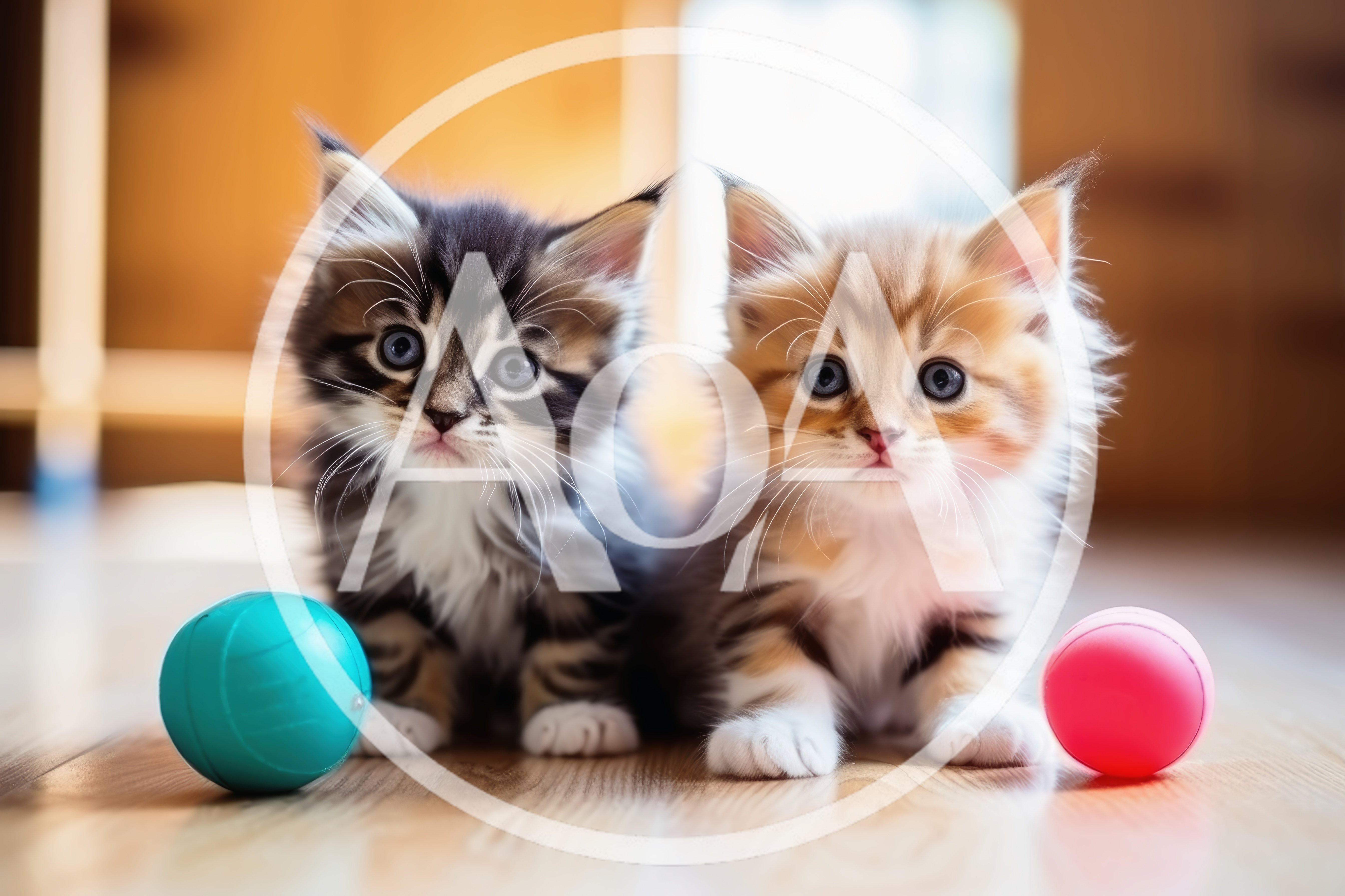 Two Fluffy Maine Coon Kittens Sitting With Toy Balls