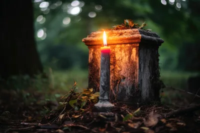 Lit Candle Placed Before An Old Stone Grave Marker