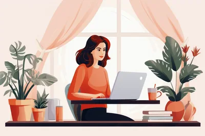 Woman Working On Laptop In A Cozy Home Office