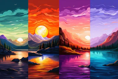Four Seasons Landscape Art Panels With Vibrant Sunsets