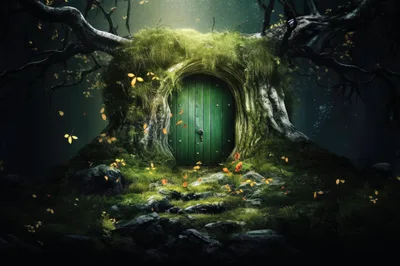 Enchanted Green Door Embedded In Ancient Mossy Tree